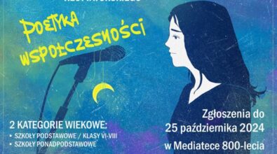 Plakat informujący o XVI edycji Powiatowego Turnieju Recytatorskiego pod tytułem 