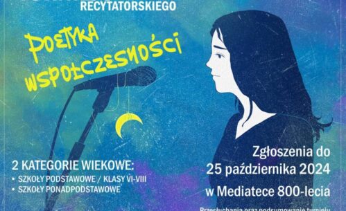 Plakat informujący o XVI edycji Powiatowego Turnieju Recytatorskiego pod tytułem "Poetyka współczesności".