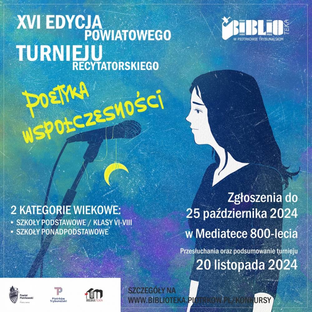 Plakat informujący o XVI edycji Powiatowego Turnieju Recytatorskiego pod tytułem "Poetyka współczesności".