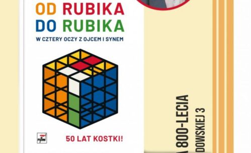 Plakat promujący spotkanie z Grzegorzem Łubczykiem, autorem książki "Od Rubika do Rubika w cztery oczy z ojcem i synem" dnia 18.10.2024 o godz. 18:00. Na plakacie widnieje zdjęcie autora oraz okładka jego książki przedstawiająca kolorową kostkę Rubika.