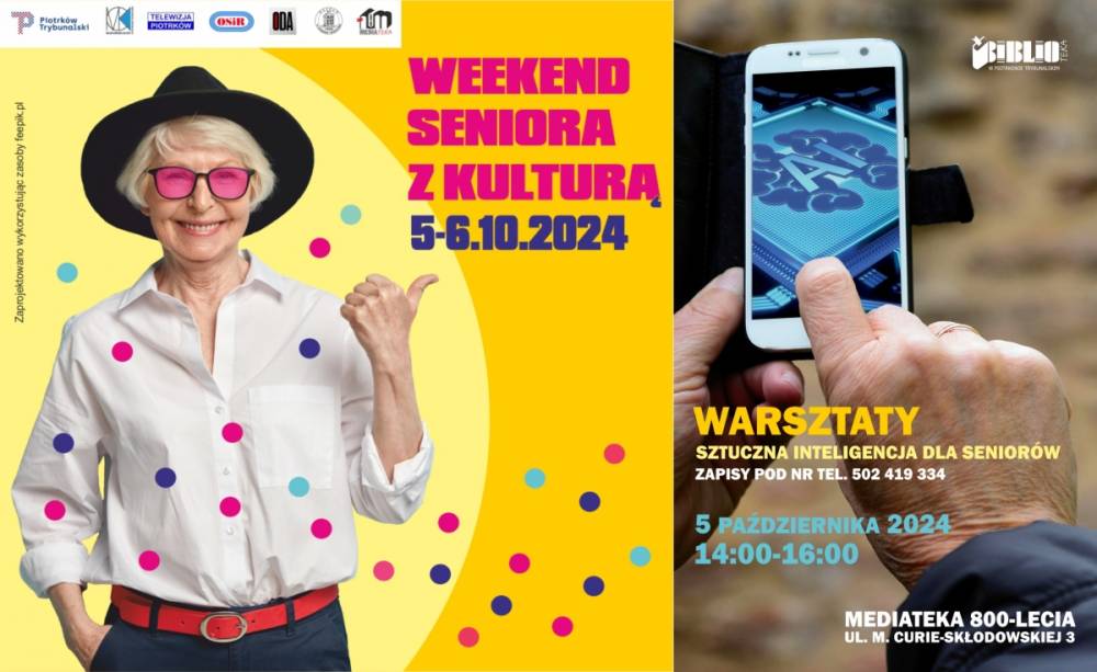 Plakat promujący warsztaty "Sztuczna inteligencja dla Seniorów" podczas Weekendu Seniora z Kulturą, 5.10.2024 godz. 14:00-16:00.