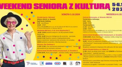 Plakat promujący Weekend Seniora z Kulturą w dniach 5-6.10.2024 w całym mieście. Na plakacie znajdują się informacje w jakich godzinach i miejscach odbywają się poszczególne wydarzenia.