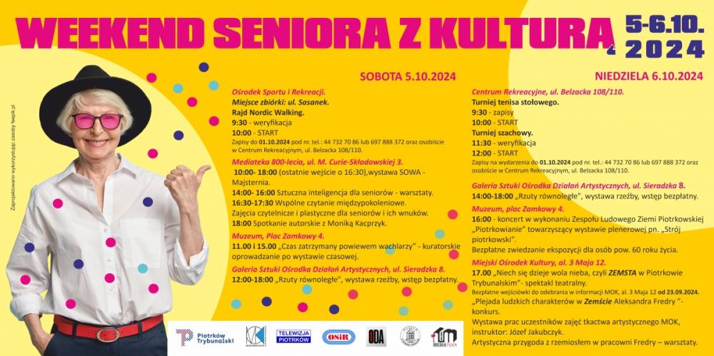 Plakat promujący Weekend Seniora z Kulturą w dniach 5-6.10.2024 w całym mieście. Na plakacie znajdują się informacje w jakich godzinach i miejscach odbywają się poszczególne wydarzenia.