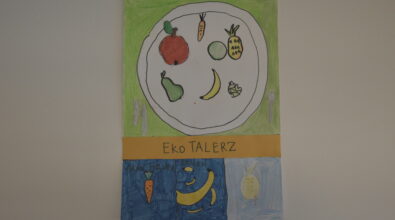 Praca konkursowa w formie plakatu przedstawiająca biały talerz z kilkoma owocami na zielonym tle. Na dole marchewka, banan i ananas na niebieskim tle. Praca podzielona napisem „Eko TALERZ” na żółtym tle, wykonana kredkami i mazakami.