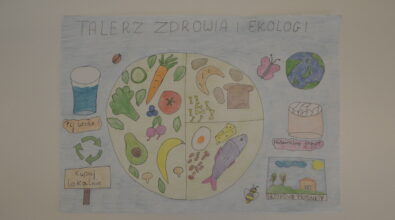 Praca konkursowa w formie plakatu przedstawiająca umieszczony centralnie, podzielony na 3 części żółty talerz z różnymi narysowanymi produktami, warzywa, owoce, ryba, jajko, ser, orzechy, produkty zbożowe. Po lewej stronie szklanka wody z podpisem „Pij wodę!” oraz zielony znak recyklingu z „Kupuj lokalnie”. Po prawej stronie planeta Ziemia, jogurt z podpisem „Naturalny jogurt” oraz mini obrazek krajobrazu z domem z „SEZONOWE PRODUKTY”. Na górze napis „TALERZ ZDROWIA I EKOLOGI”. Praca wykonana kredkami. Tło niebieskie.