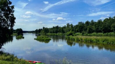 Widok na rzekę otoczoną zieloną roślinnością i lasem. Na środku widocznych jest kilka małych wysepek porośniętych trawą. Po lewej stronie, na brzegu, stoją kajaki. Nad krajobrazem błękitne niebo z nielicznymi, małymi, białymi chmurami.
