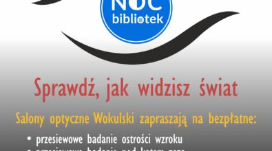 plakat promujący badanie wzroku w noc bibliotek