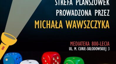 plakat promujący strefę planszówek w Noc Bibliotek